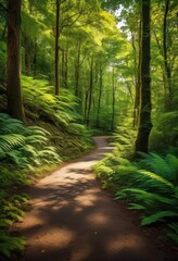 Naklejka premium serene forest road winding through lush nature trail woodland, greenery, trees, path, foliage, journey, peaceful, outdoors, scenic, environment, natural