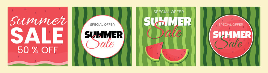 Set of empty templates with summer themes on a watermelon background. Design of advertising banners. Vector illustrations for websites and mobile websites, email design, posters, promotional materials