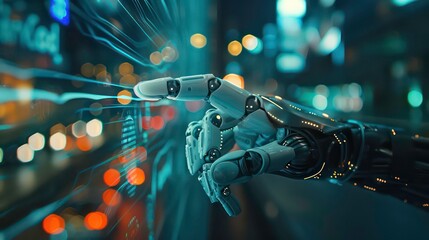 Naklejka premium Finger Robot touch on virtual screen of insurance technology, health family car money travel, Insurtech concept to use AI for customer analysis, customize service. Future insurance industry growing