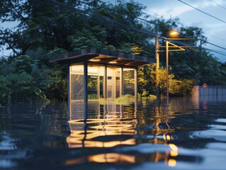 Flooded Bus Stop in Realistic Style - Urban Flooding Crisis and Transportation Disruption