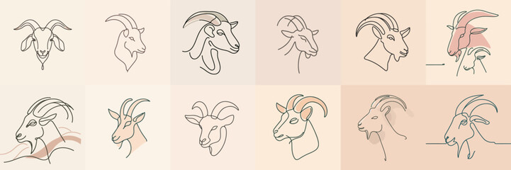 set Vector continous one line art goat