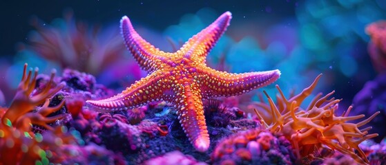 Vibrant neon colors highlighting a starfish on the seabed