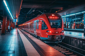 Fototapeta premium Modern Red Train at Illuminated Urban Station