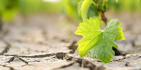 Dry grapevines in droughtstricken vineyard with cracked earth below. Concept Drought-stricken Vineyard, Dry Grapevines, Cracked Earth, Climate Change, Agriculture Challenges