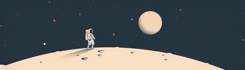 Naklejka premium Astronaut standing on a barren, alien planet under a starry sky with a large moon in the distance suggesting space exploration.