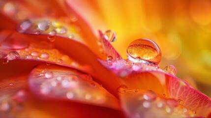  A macro shot of a flower with dew drops on its petals against a yellow and red backdrop