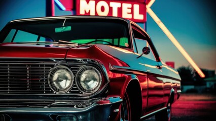 A nostalgic scene featuring a classic car parked in front of a vintage neon motel sign.