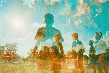 Watching a football game with a soccer coach and small lads. Double Exposure Football tournament-ready juvenile reserve players with a background in sports