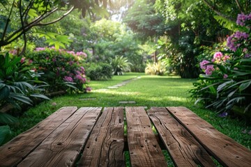 An empty wooden tabletop set against a lush, green backyard garden background. ai generative