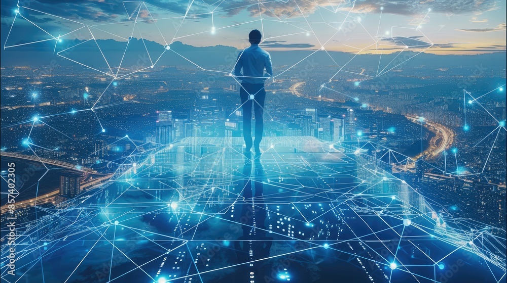 Aufkleber Man who is walking on a transparent blue platform above a city and connected dots symbolizing a network. Generative AI.