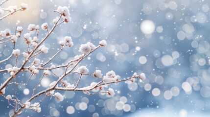 Snow-covered branch set against a sparkling winter landscape