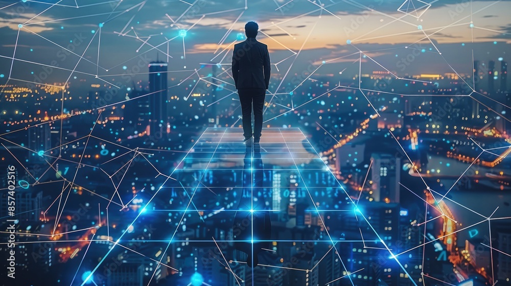 Aufkleber Man who is walking on a transparent blue platform above a city and connected dots symbolizing a network. Generative AI.
