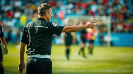 The soccer referee signals a player substitution.