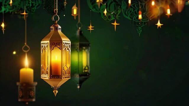 Green and gold color Eid mubarak islamic design concept with hanging ramadan candle lantern, Abstract background animation 4K