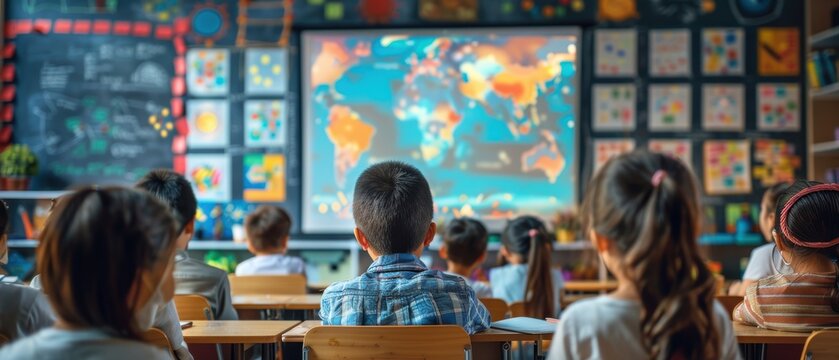 Virtual classroom with students and teacher on screens