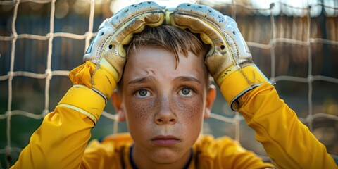 dejected goalie for junior soccer team. With his hands on his head, the child in the yellow goalkeeper outfit appears disappointed. The younger football squad loses a game.