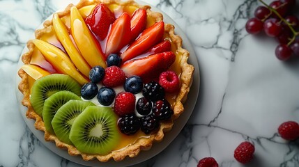 A vibrant fruit tart sits elegantly on a marble table, its colorful array of fresh berries and sliced fruits glistening with a tantalizing glaze.