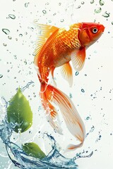 Colorful illustration of a goldfish leaping from splashing water, with green leaves and bubbles adding a lively touch.

