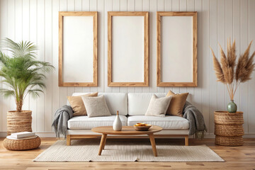 Farmhouse Living Room Design: Frame Mockup with White Furniture and Bright Walls Featuring Three Vertical Wooden Frames