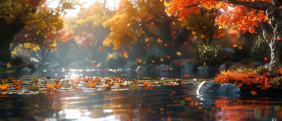 Naklejka premium Vivid background of a tranquil garden in autumn, with colorful leaves and a serene atmosphere, ideal for seasonal and nature themes