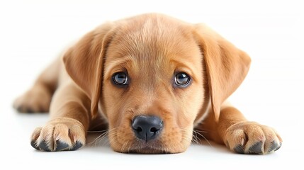 An endearing golden retriever puppy gazes with soulful eyes, laying down with a look of gentle curiosity.