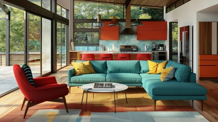 Modern living room with colorful furniture and kitchen, mid-century design and large windows, contemporary home decor concept