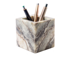 Marble Pen Holder With Pens featuring a natural stone design, perfect for organizing office supplies in a stylish way. Isolated on transparent background, png.