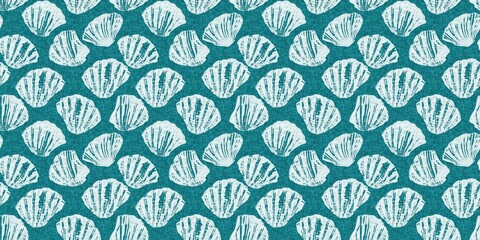 Teal turquoise blue white shell motif with linen seamless batik border background. Modern coastal beach cottage rustic shell block print home decor pattern design in sealife banner beach style. 