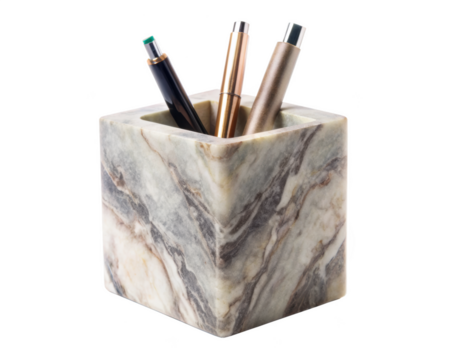 Marble Pen Holder With Pens featuring a natural stone design, perfect for organizing office supplies in a stylish way. Isolated on transparent background, png.