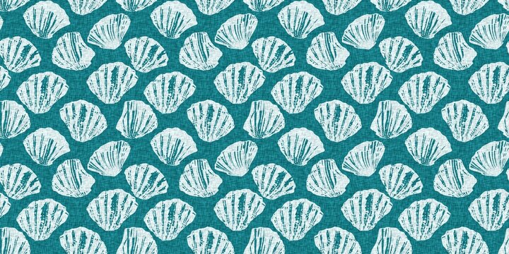 Teal turquoise blue white shell motif with linen seamless batik border background. Modern coastal beach cottage rustic shell block print home decor pattern design in sealife banner beach style. 