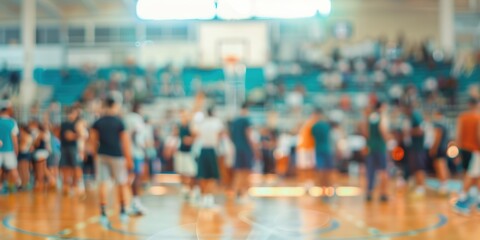 gathering of people in a basketball court with a blurry background