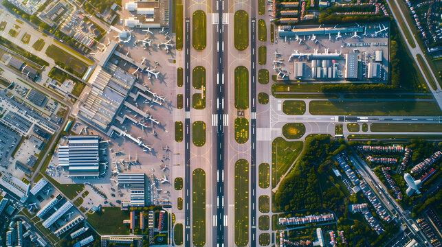 Aerial view of an airport with multiple runways and terminals.