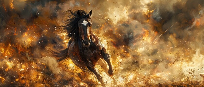 Wild horse neighing with explosive bursts in the backdrop, showcasing raw power and dramatic energy