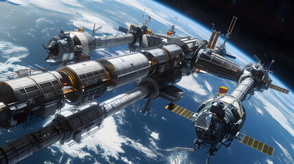 An advanced space station orbiting Earth with research facilities and living quarters.
