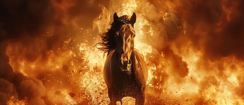 Wild horse neighing with intense flames in the backdrop, capturing powerful and dramatic presence
