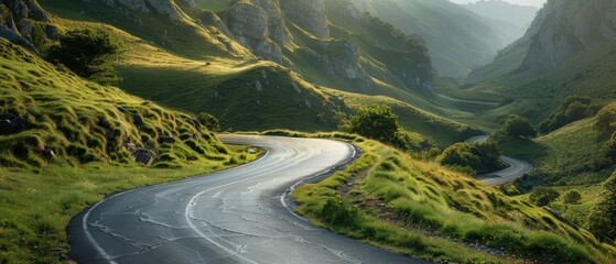 Winding mountain road with dramatic scenery,