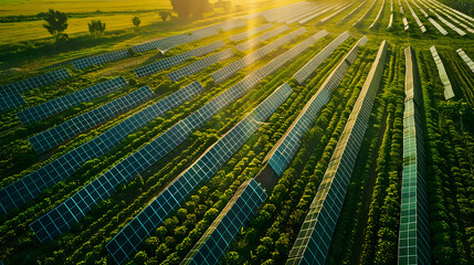 An agricultural field with solar-powered irrigation systems.