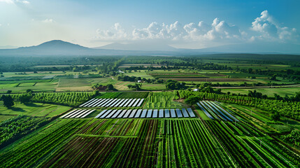 An agricultural field with solar-powered irrigation systems.