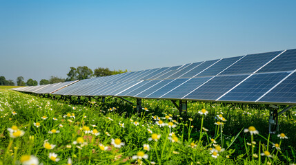 An agricultural field with solar-powered irrigation systems.