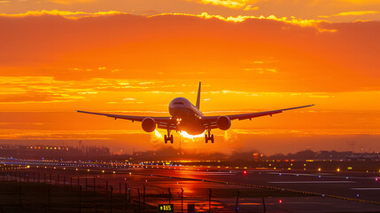 An airplane taking off at sunrise with the sun just above the horizon.