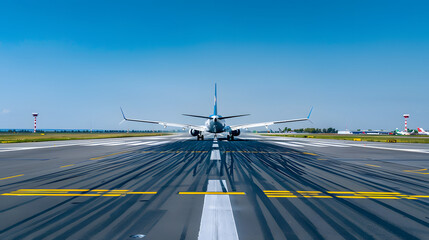 An airport runway with clear blue skies and a plane landing.