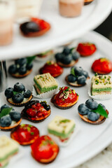 Close-up of assorted desserts featuring berries and pistachios on a tiered tray, perfect for events.