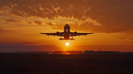 An airplane taking off at sunrise with the sun just above the horizon.