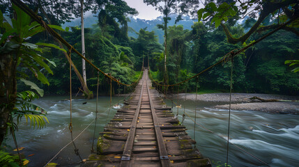 An ancient hanging bridge over a vibrant dense jungle river.