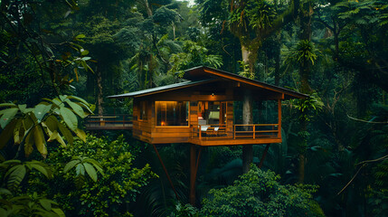 An eco-friendly treehouse surrounded by dense rainforest foliage.