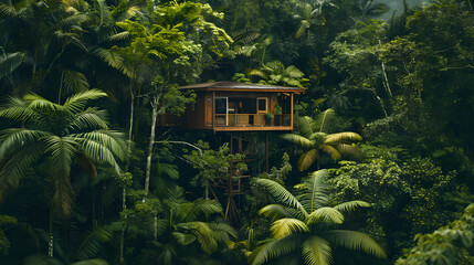 An eco-friendly treehouse surrounded by dense rainforest foliage.
