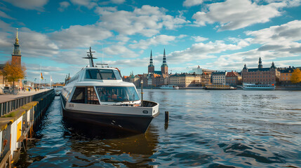 An electric ferry docked at a pier with a cityscape in the background.
