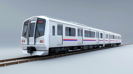 A sleek and modern silver commuter train speeds along a track. The train has red and blue accents and a large window at the front.