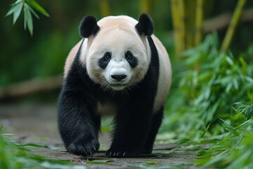 Obraz premium This engaging image captures a giant panda walking on a wooden path amidst bamboo foliage