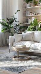 Cozy modern living room with white sofa and indoor plants